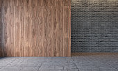 Modern loft interior with wooden wall panels, brick wall, concrete floor. Empty room, blank wall. 3d render illustration mockup