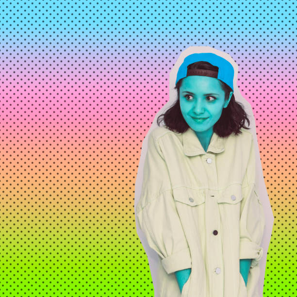 istock alien blue girl in denim jacket and baseball cap on gradient background with dots. Retro style of magazine cutting 1127090962