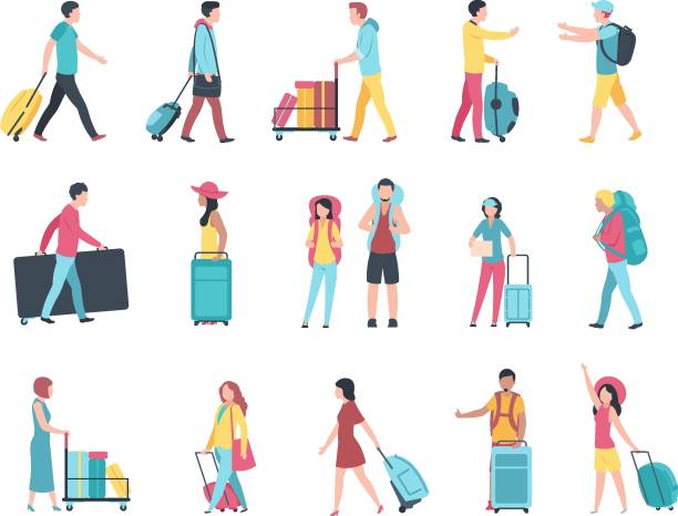 podróżują ludźmi. pasażerowie bagażu turystycznego na lotnisku sprawdzają kolejkę terminalu kontroli paszportowej. osoby z wektorem bagażu - women travel tourist suitcase stock illustrations