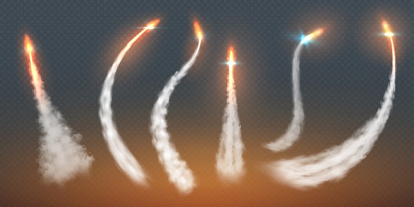 Rocket condensation trails. Fire jet steam effect airplane flight lines fly smoke fire burst. Aircraft contrail vector templates