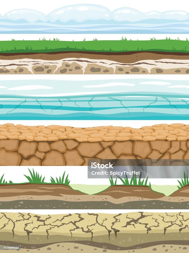 Ground seamless levels. Desert grounded land soil ice grass texture water stone surfaces. Game ui vector Ground seamless levels. Desert grounded land soil ice grass texture water stone surfaces. Game ui vector set Land stock vector