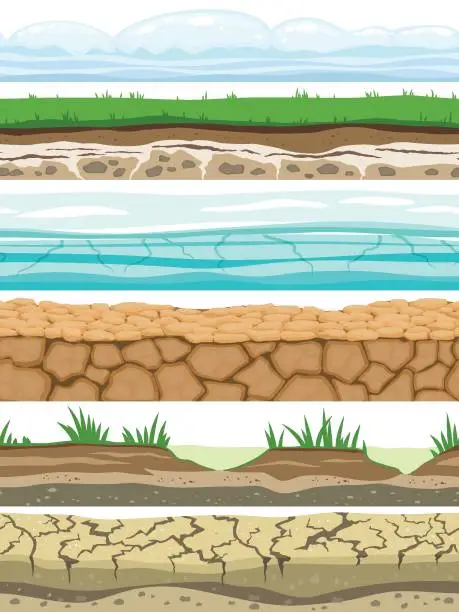 Vector illustration of Ground seamless levels. Desert grounded land soil ice grass texture water stone surfaces. Game ui vector