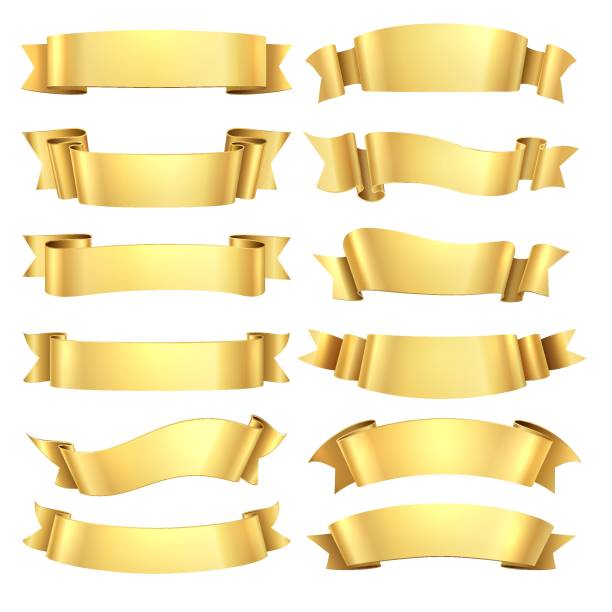 istock Golden ribbons. Congratulations banner element, yellow gift decorative shape, gold advertising scroll. Vector realistic ribbon 1127091033