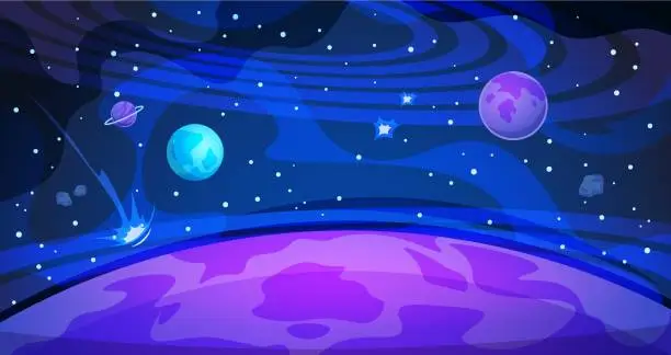 Vector illustration of Planet space background. Sky galaxy universe flat abstract night landscape science modern poster. Cosmos banner