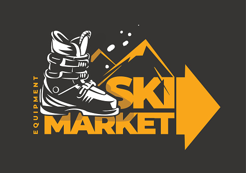 Ski market emblem. Free-ride boots. Skiing equipment and accessories