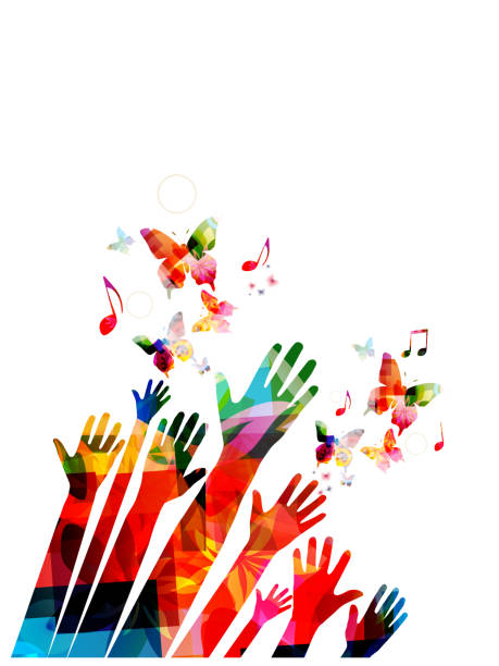 ilustraciones, imágenes clip art, dibujos animados e iconos de stock de manos humanas con mariposas y música notas colorido vector ilustración diseño - light waving rainbow vector