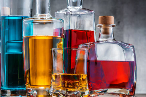 istock Carafe and bottles of assorted alcoholic beverages. 1127094096
