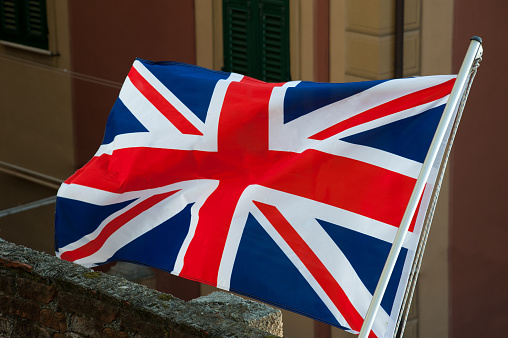 British Union Jack flag and aerial view with buildings background