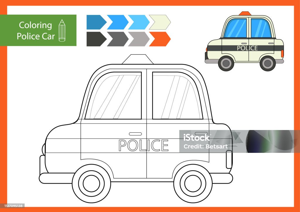 Coloring with drawn a police car. Drawing worksheets for children. Children funny picture riddle. Coloring page for kids. Drawing lesson. Activity art game for book. Vector illustration. Children coloring Vehicle Police Car stock vector