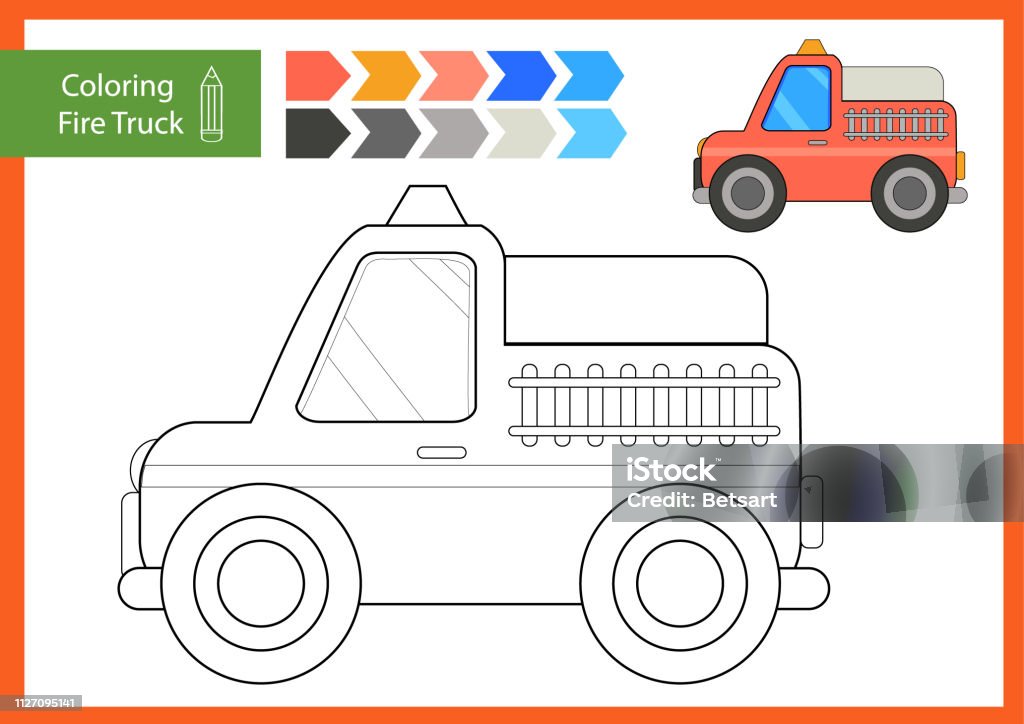 Coloring with drawn a fire truck. Drawing worksheets for children. Children funny picture riddle. Coloring page for kids. Drawing lesson. Activity art game for book. Vector illustration. Children coloring Vehicle Activity stock vector