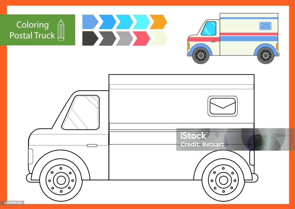 Coloring with drawn a postal truck of mail delivery. Drawing worksheets for children. Children funny picture riddle. Coloring page for kids. Drawing lesson. Activity game for book. Vector illustration Children coloring Vehicle Activity stock vector