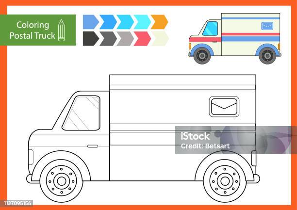 Coloring With Drawn A Postal Truck Of Mail Delivery Drawing Worksheets For Children Children Funny Picture Riddle Coloring Page For Kids Drawing Lesson Activity Game For Book Vector Illustration Stock Illustration - Download Image Now