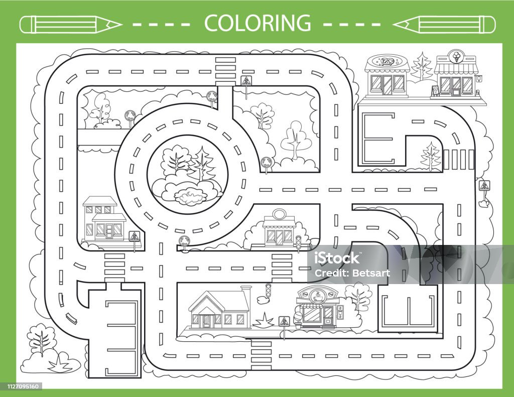 Mapa da cidade de crianças com estradas e carros para decoração de berçário  infantil. aldeia ou labirinto de rua da cidade para o tapete. fundo do  vetor do jogo de tabuleiro dos