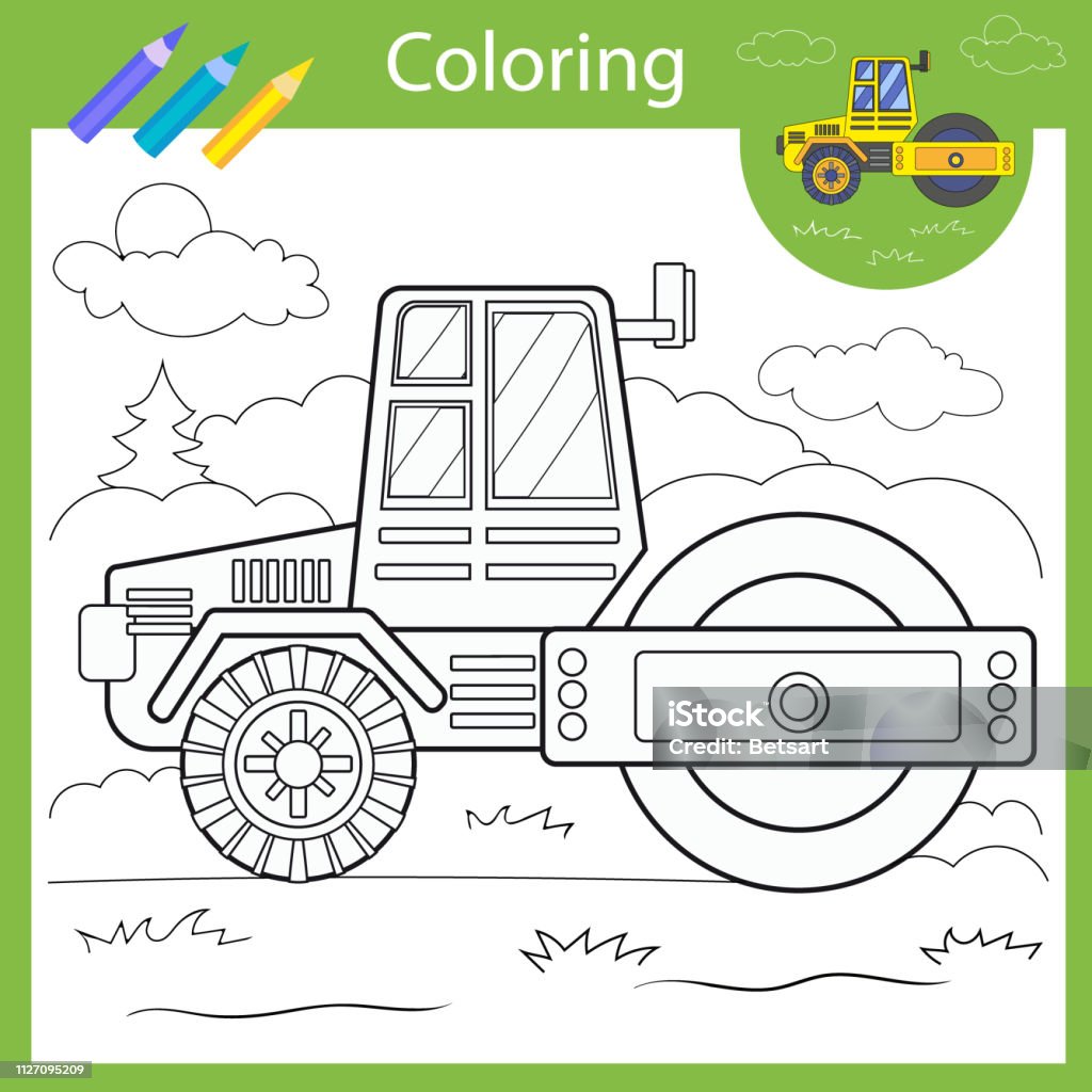 Coloring with draw roller truck. Drawing worksheets. Children funny picture. Coloring page for kids. Drawing lesson. Activity art game for book. Vector illustration. Children coloring Vehicle Leisure Games stock vector