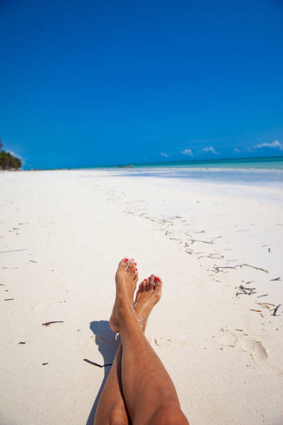 istock Female legs on sandy beach - personal perspective 1127097104