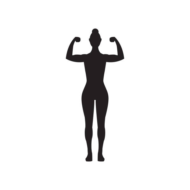weibliche muskeln fitness vektor icon, frauen-silhouette beugen, arme beugen - bicep human arm macho flexing muscles stock-grafiken, -clipart, -cartoons und -symbole