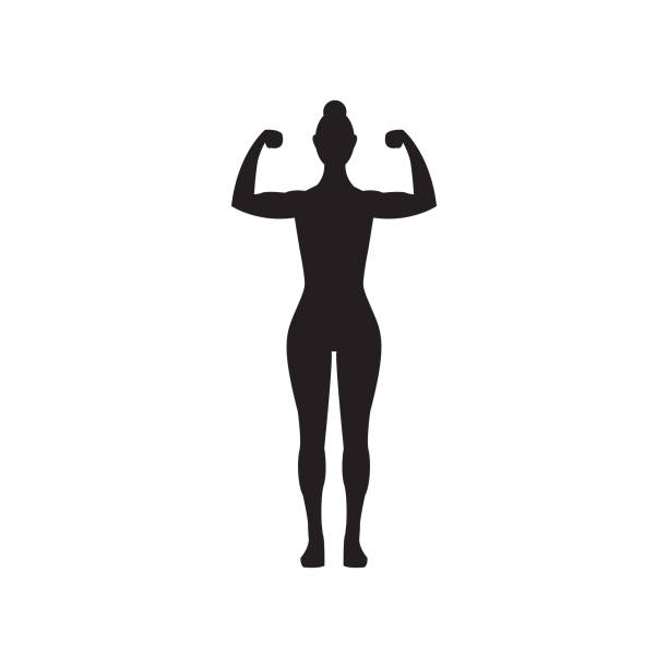 여성 근육 flexing 피트 니스 벡터 아이콘, 여자 실루엣 팔 구부리기 - stretching exercising gym silhouette stock illustrations