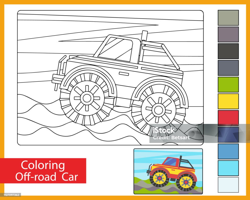 Coloring with off-road car. Children's arts game. Entertainment for children. Drawing contour for coloring. linear image of the sea landscape with the boat. Vector illustration. Children coloring Vehicle Art stock vector