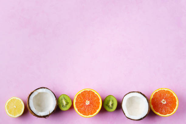 istock summer composition with exotic fruits, vacation 1127097671
