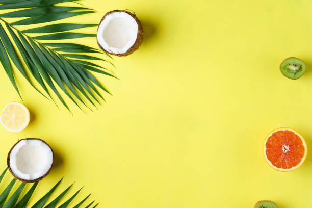 istock summer composition with exotic fruits, vacation 1127097706