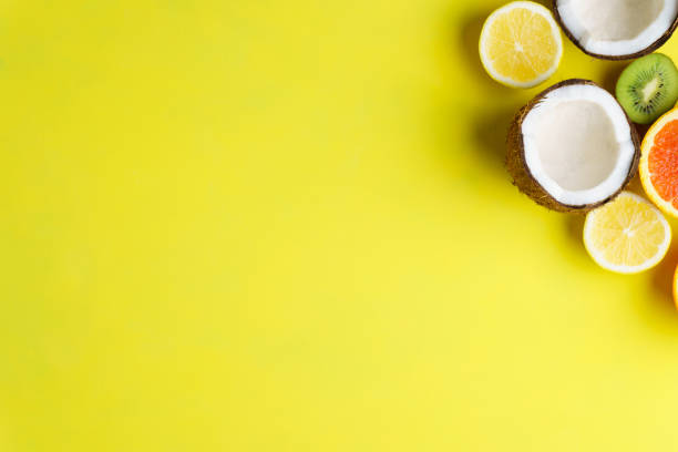 istock summer composition with tropical fruits, vacation 1127097752
