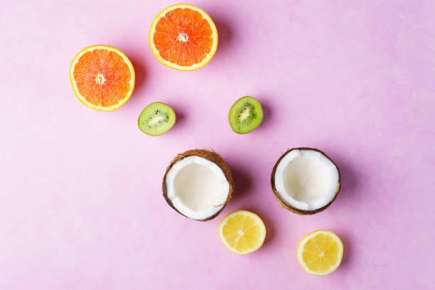istock summer composition with exotic fruits, vacation 1127097773