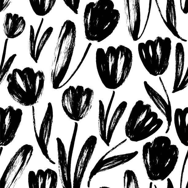 illustrations, cliparts, dessins animés et icônes de tulipes à la main motif sans soudure étiré - double tulip