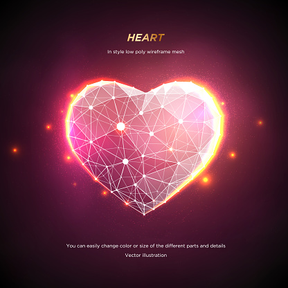 Heart in style Low poly wireframe mesh. Abstract on pink background. Concept Love or technology. Plexus lines and points in the constellation. Particles are connected in a geometric shape. Starry sky.