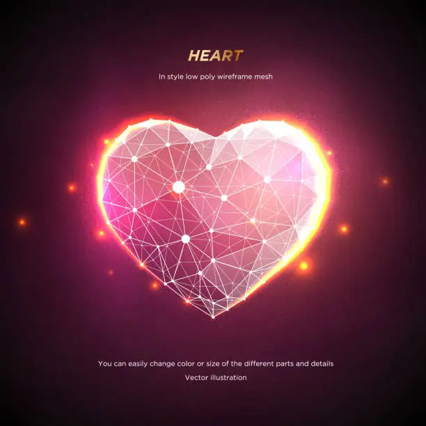 Vector illustration of Heart in style Low poly wireframe mesh. Abstract on pink background. Concept Love or technology. Plexus lines and points in the constellation. Particles are connected in a geometric shape. Starry sky.