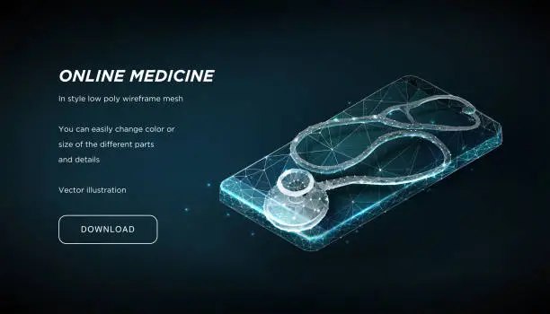 Vector illustration of Stethoscope on a smartphone of the low poly wireframe on dark background.Concept of Online Medicine. Online help or consultation. Plexus lines and points in the constellation.Vector particles