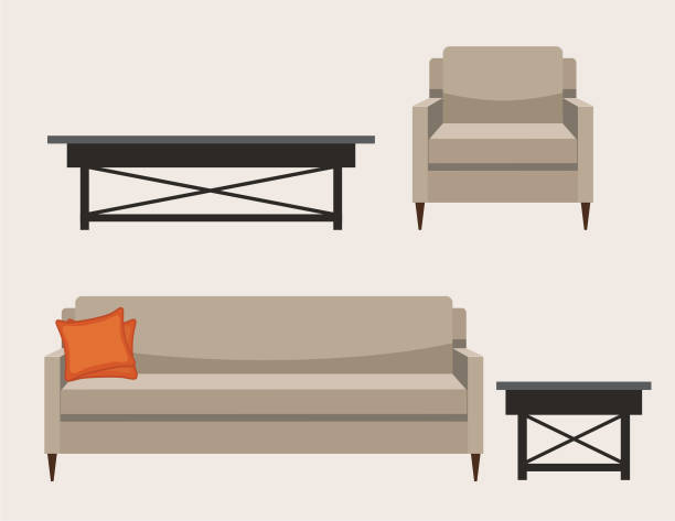 Upholstered Living Room Furniture Upholstered chair, sofa and end tables upholstered armchairs stock illustrations