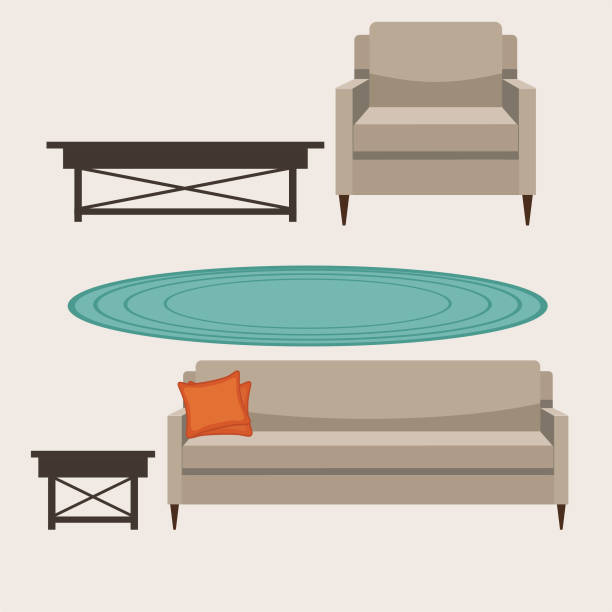 Upholstered Living Room Furniture Upholstered chair, sofa and end tables upholstered armchairs stock illustrations