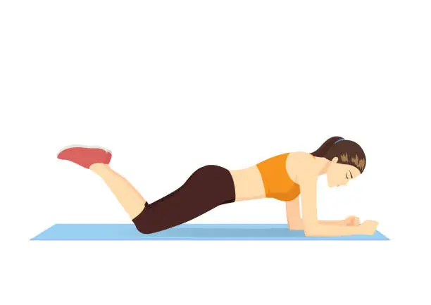 Vector illustration of Woman doing Abdominal exercise body with Knee Plank position on blue mat.