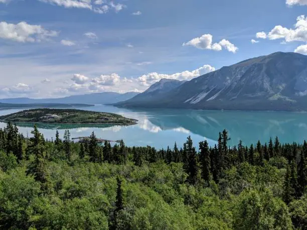 Summer day in Yukon Canada with a majestic lake in the background