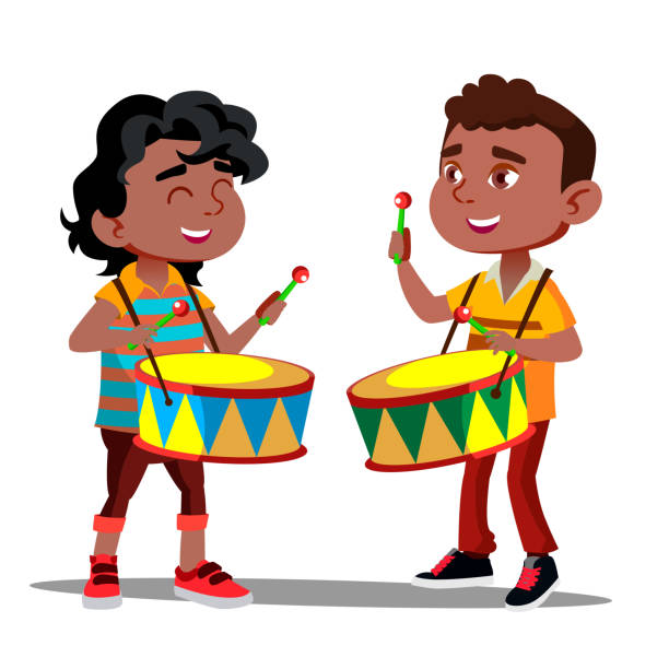 2 개의 벡터를 춤과 드럼을 치고 작은 아프리카 미국 소년. 고립 된 그림 - samba dancing audio stock illustrations
