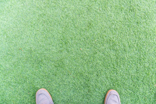 istock above view  blue sneakers shoes on a green artificial grass 1127103742
