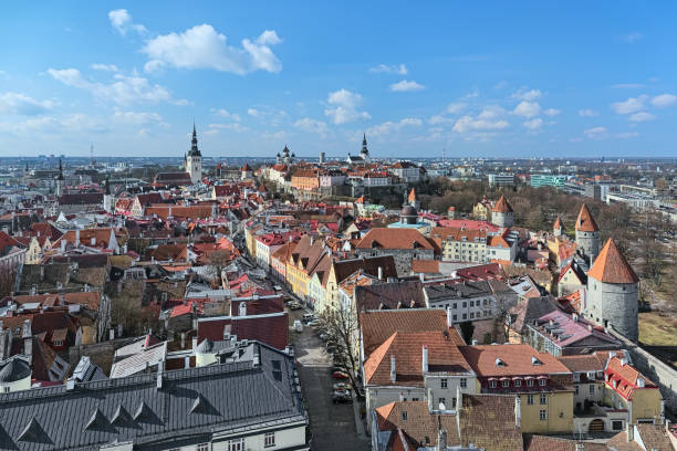 View on the Tallinn Old Town from the tower of St. Olaf's Church, Estonia View on the Tallinn Old Town from the tower of St. Olaf's Church in sunny spring day, Estonia town wall tallinn stock pictures, royalty-free photos & images