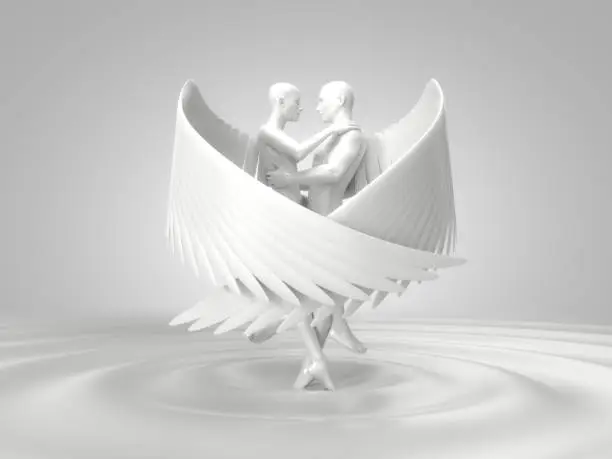 Photo of valentines day concept with angelic characters on liquid floor. 3d illustration