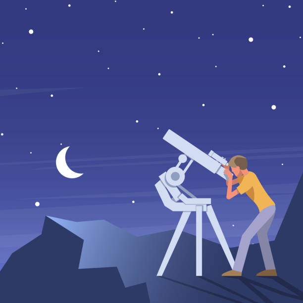 Astronomical observations A man, looking through his telescope starry sky telescope stock illustrations