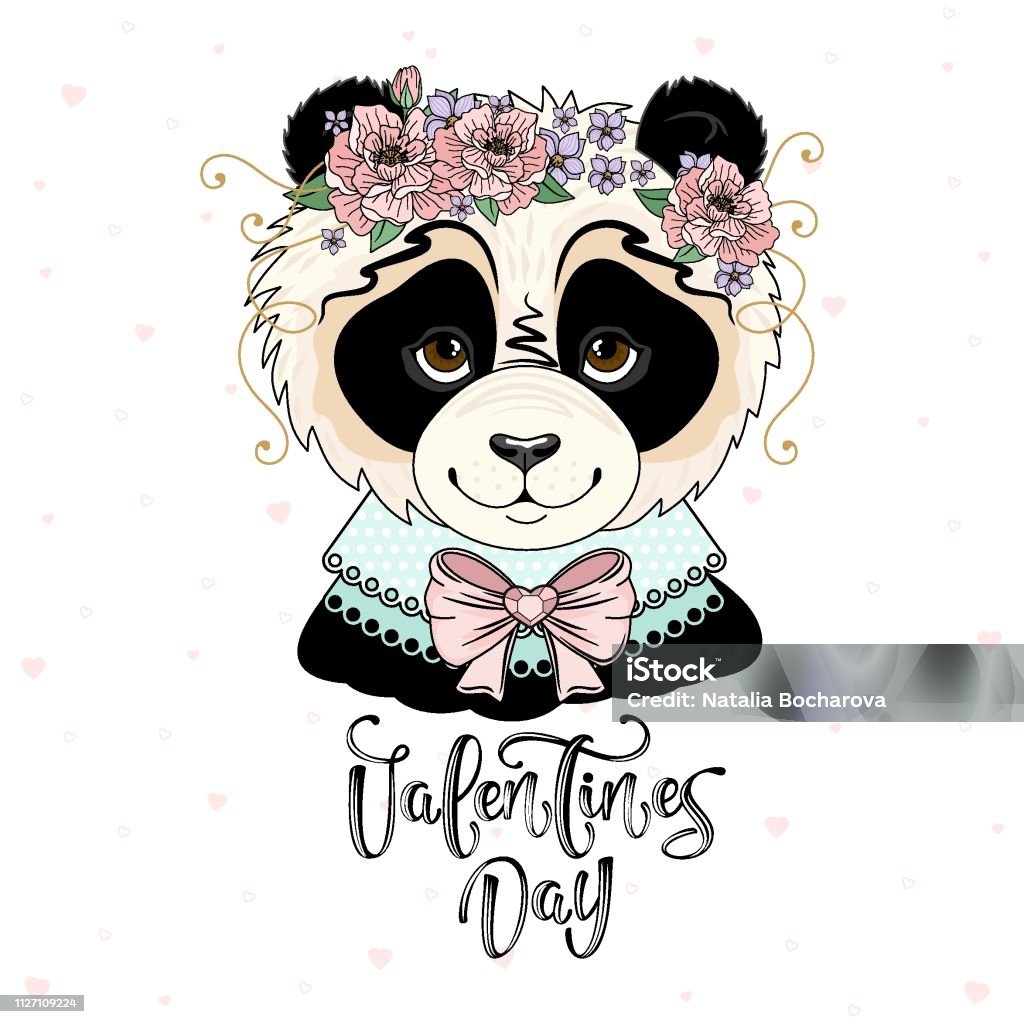 Panda Festive Cute Festive Panda With Romantic Inscription Vector Illustration Stock ...