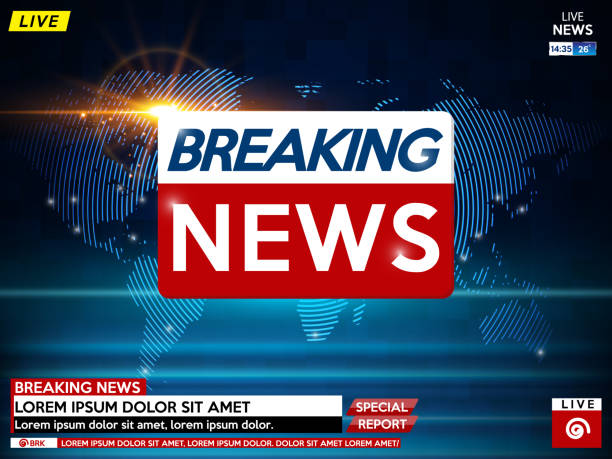 Background screen saver on breaking news. Breaking news live on blue background with sunrise and world map. Background screen saver on breaking news. Breaking news live on blue background with sunrise and world map. Vector illustration. news event stock illustrations