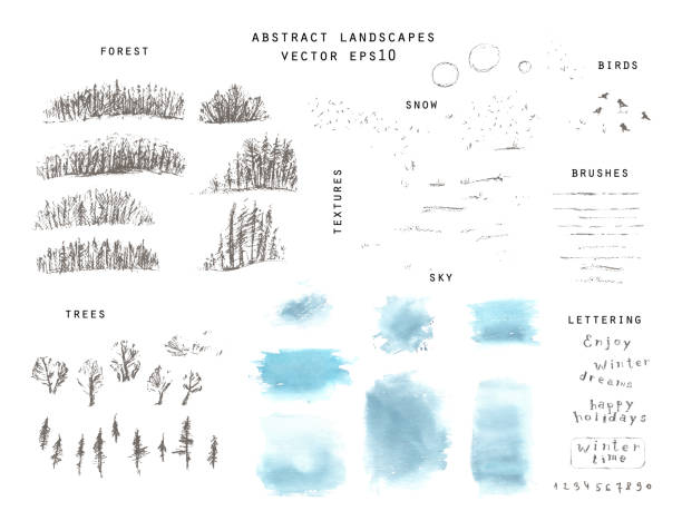 Hand drawn winter landscape creation set with forrest, single trees, field and snow  textures, sky textures, sun, birds. Hand drawn winter landscape creation set with forrest, single trees, field and snow  textures, sky textures, sun, birds. Pencil sketch and watercolor stain, frame. Pencils pattern brushes, lettering, numbers. journey borders stock illustrations