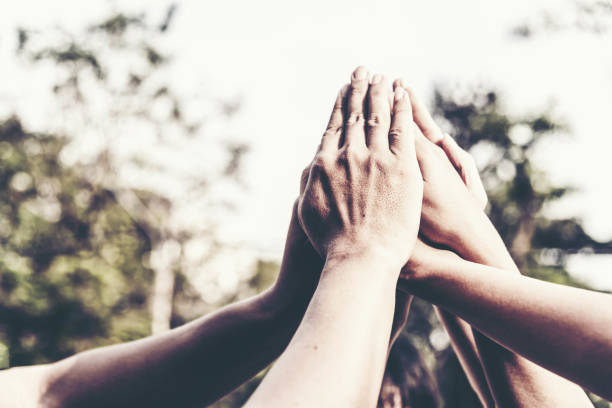 istock People hand assemble as a connection meeting teamwork concept. Group of people assembly hands as a business or work achievement. Man and women touch each other hands outdoor. Teamwork conceptual. 1127114850
