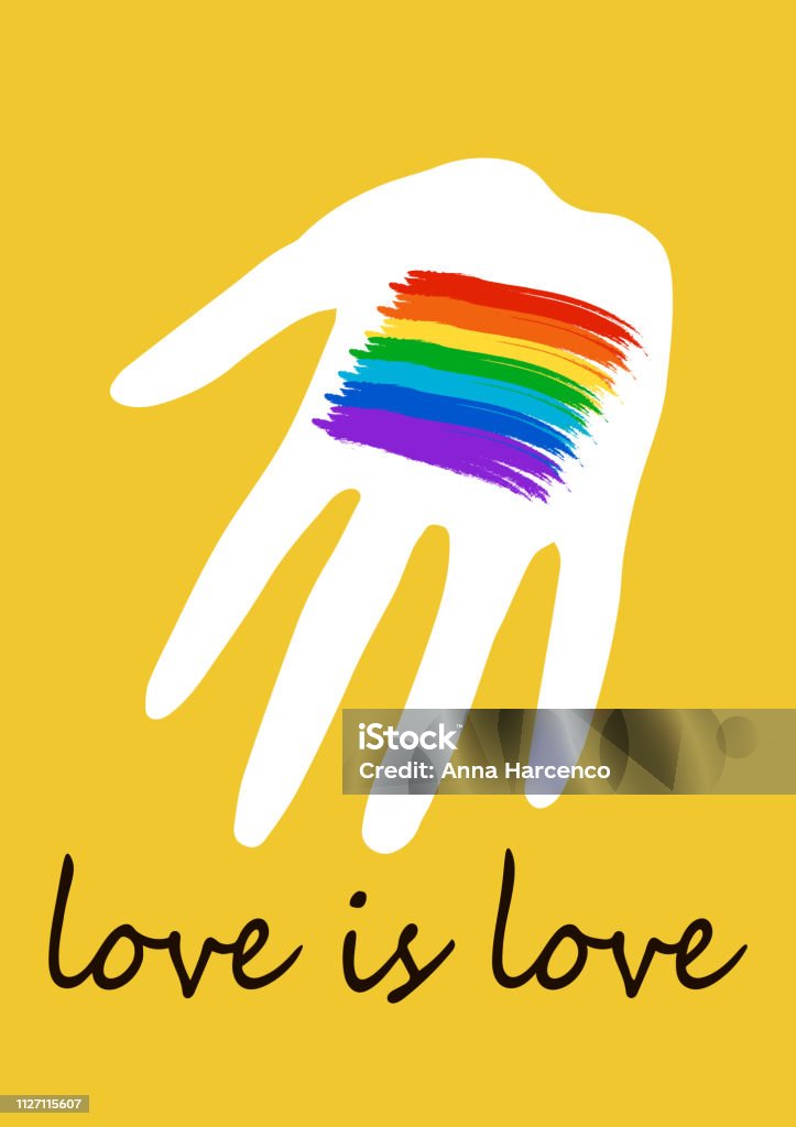 Poster with rainbow heart in hand. LGBT rights concept. Love is love. Pride spectrum flag, homosexuality, equality emblem. Parades event announcement banner, placard typographic vector design. Abstract stock vector
