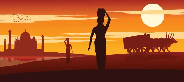 Vector illustration of woman carry water for routine use from river near Taj mahal while cart move pass on sunset time