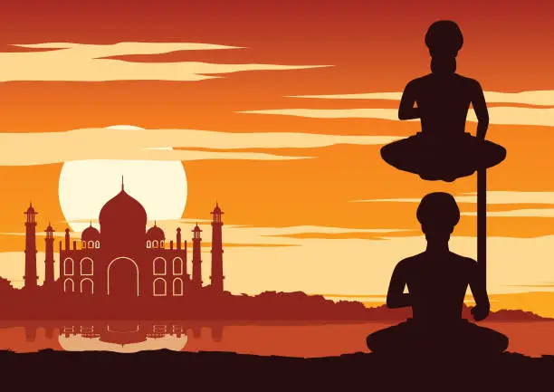 Vector illustration of India Yogi perform yoga near famous landmark called Taj mahal on sunset time