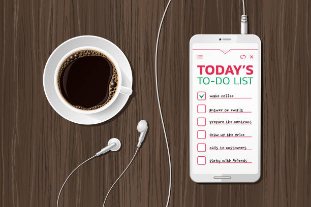 Morning To-Do List Top view at desktop composition of a smartphone showing to-do app on a screen with connected earphones beside of a white cup full of fresh coffee, which is standing on a saucer. Vector illustration on the subject of 'Time Management / Workday Routine'. To Do List stock illustrations