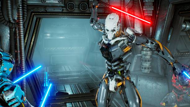 istock Astronauts with laser swords hid in an ambush on an alien robot invader on his spaceship. Super realistic sci-fi concept. 3D Rendering 1127118052