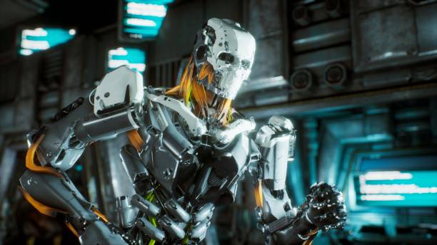 istock Robot soldier runs through a futuristic Sci-Fi tunnel with sparks and smoke, interior view. 3D Rendering 1127118068