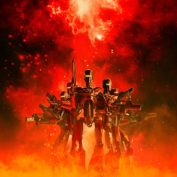 3D illustration of science fiction scene with military robot troopers in the fiery glow of space war